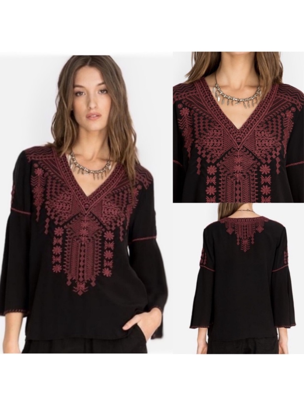 Johnny Was Workshop | Gene Swing Blouse Embroidered Silk Bell Sleeve Top (S)